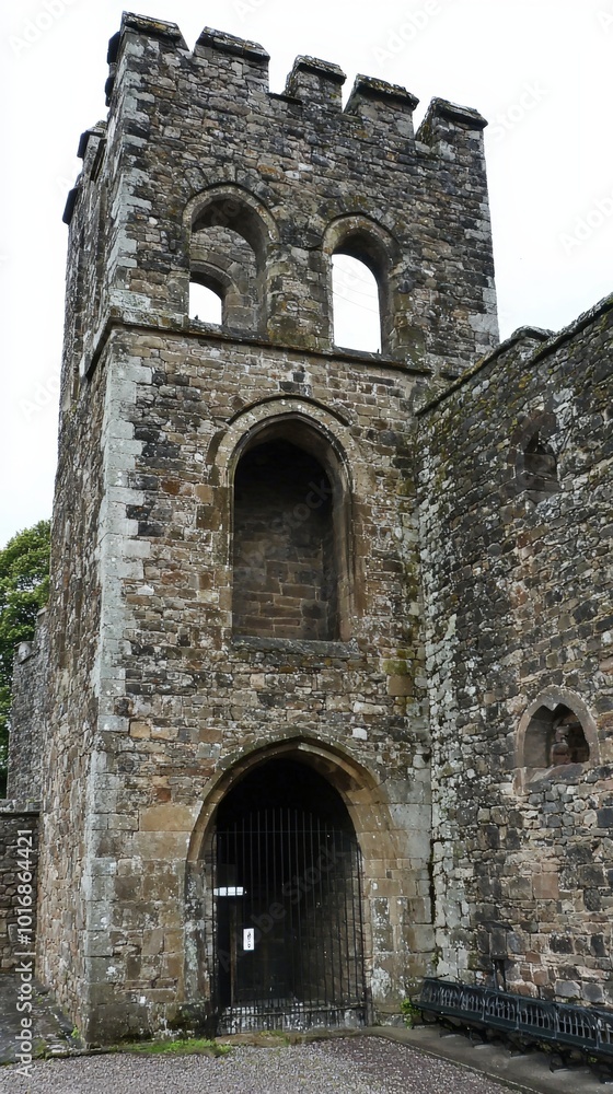 Ancient stone tower with arched windows nestled in a lush green landscape during overcast skies Ancient stone tower with arched windows nestled in a lush green landscape during overcast skies