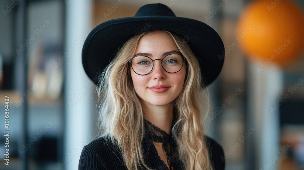 A woman with blonde hair and glasses is wearing a black hat. She is smiling and looking at the camera A woman with blonde hair and glasses is wearing a black hat. She is smiling and looking at the camera
