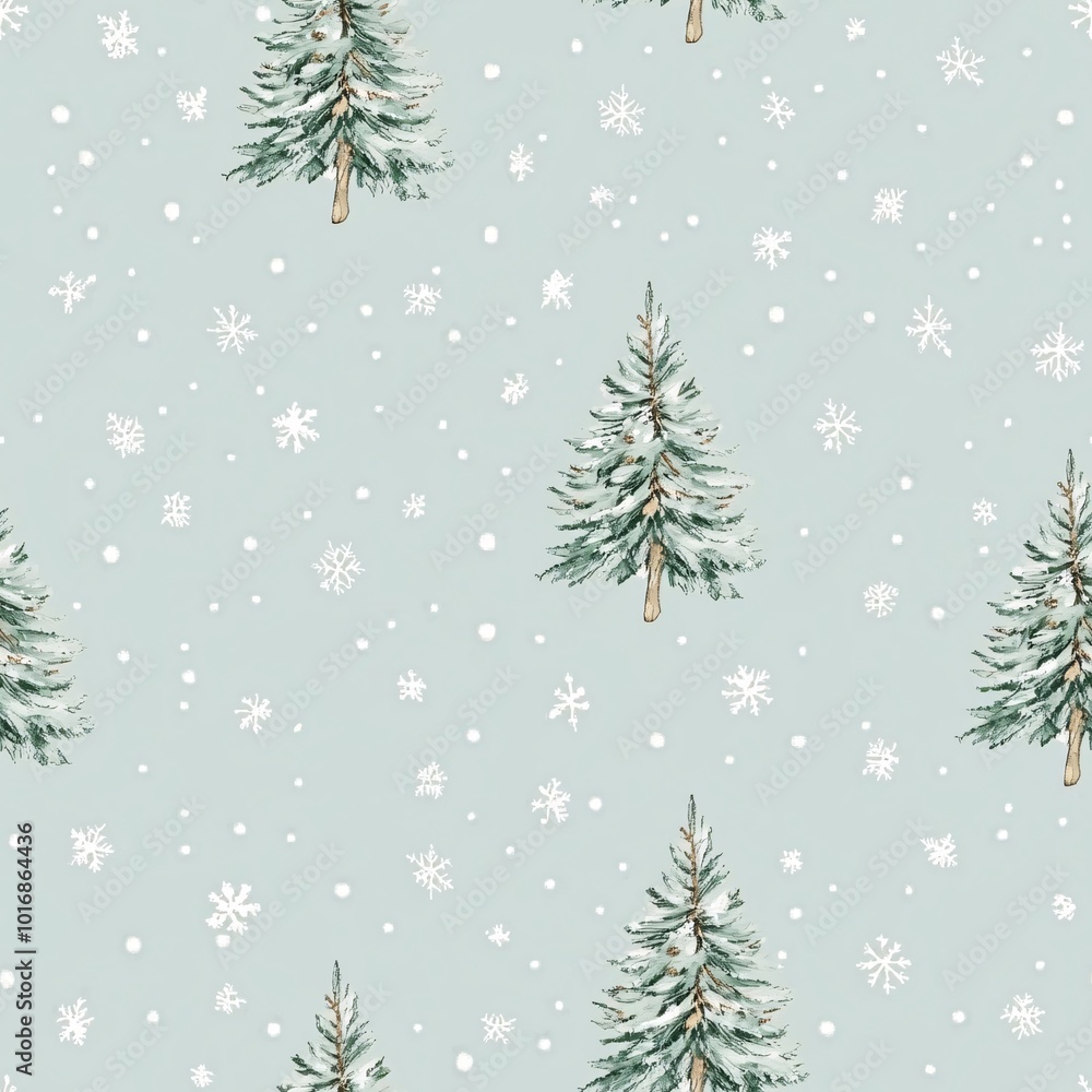 Fototapeta premium Watercolor Christmas Tree with Snowflakes Background Seamless Pattern