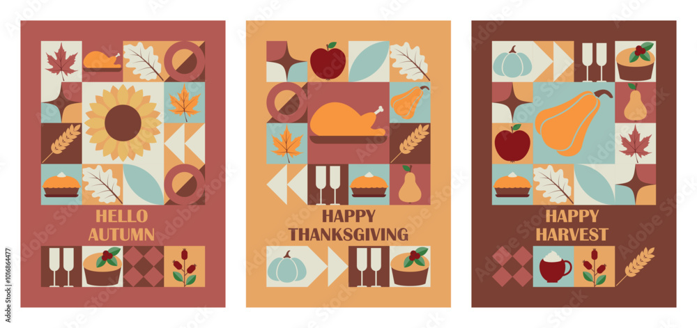 Set of Thanksgiving Day and Harvest Festival vertical greeting cards with modern abstract geometric pattern. Vector illustration Set of Thanksgiving Day and Harvest Festival vertical greeting cards with modern abstract geometric pattern. Vector illustration