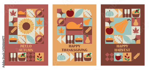 Set of Thanksgiving Day and Harvest Festival vertical greeting cards with modern abstract geometric pattern. Vector illustration photo