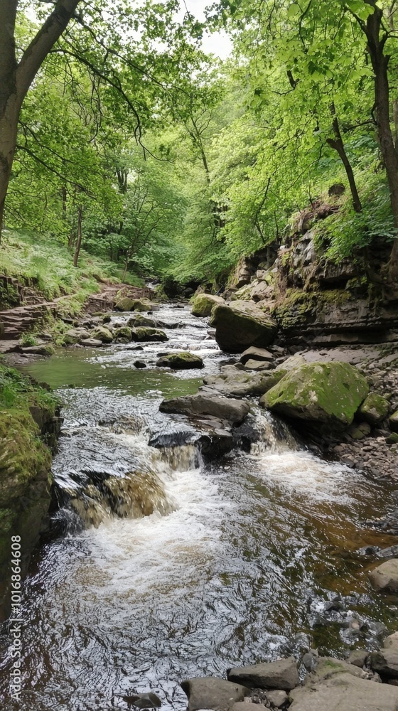 Fototapeta premium Tranquil river meanders through lush green forest in a serene natural landscape