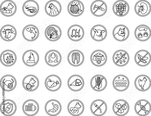 Labels for Cat Food Packaging. Vector Icons Low Calorie, Tuna, Chicken, Beef, Lamb, Omega, Turkey, Fish, No Artificial Colors, Strong Immunity, Shiny Coat, Vitamins, and More