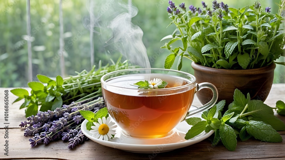 warm cup of tea surrounded by bunches of mint, chamomile, and lavender with steam rising from the cup. The scene should evoke a sense of calm and relaxation warm cup of tea surrounded by bunches of mint, chamomile, and lavender with steam rising from the cup. The scene should evoke a sense of calm and relaxation