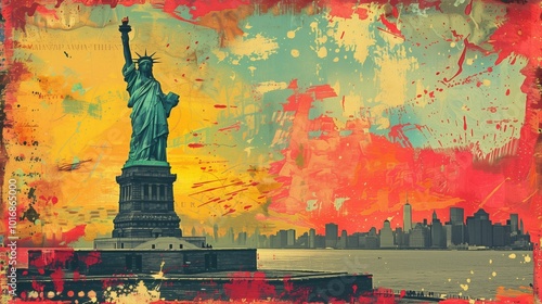 The Statue of Liberty has a vivid color splash background that enhances its stunning presence