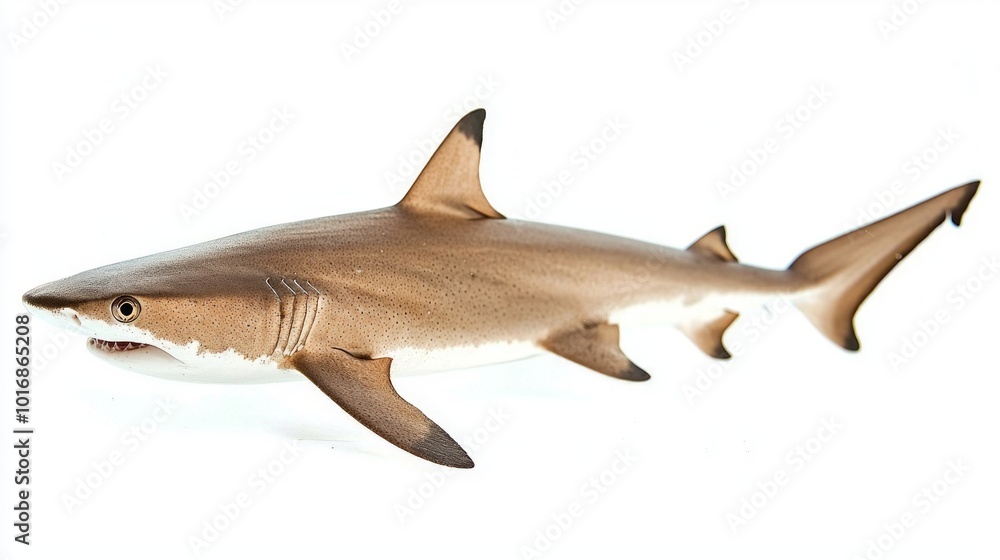 Dogfish Shark scientifically known as Squalus acanthias is displayed prominently against a white background highlighting its unique body structure and coloration. Dogfish Shark scientifically known as Squalus acanthias is displayed prominently against a white background highlighting its unique body structure and coloration.