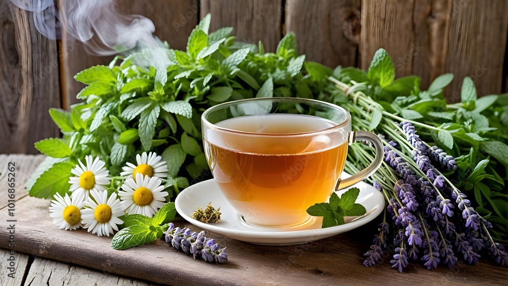 warm cup of tea surrounded by bunches of mint, chamomile, and lavender with steam rising from the cup. The scene should evoke a sense of calm and relaxation warm cup of tea surrounded by bunches of mint, chamomile, and lavender with steam rising from the cup. The scene should evoke a sense of calm and relaxation