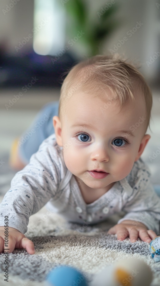 Curious baby crawls on soft carpet in warmly lit living room during daytime playtime Curious baby crawls on soft carpet in warmly lit living room during daytime playtime