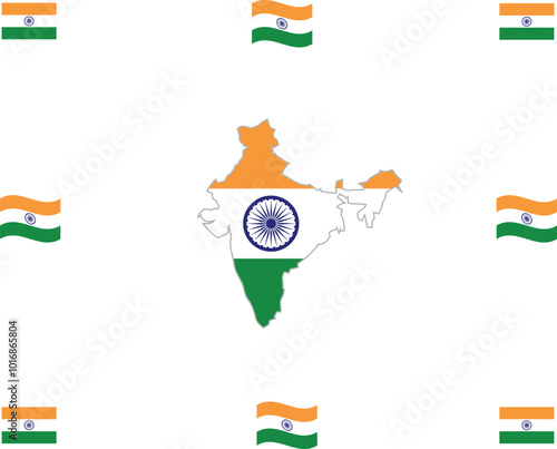 India’s official map features Indian flags in each corner, along with flags at the top and bottom. This design highlights national pride and identity, perfect for educational and promotional use.”