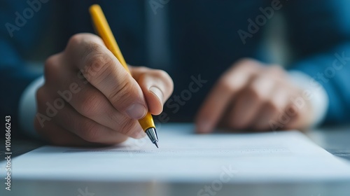 Close up view of a consultant s hand making detailed notes and annotations on a printed client proposal document during an important business strategy meeting  The image suggests careful analysis photo