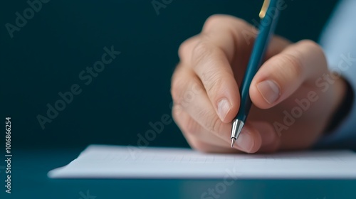 Close up of a consultant s hand making detailed notes and annotations on a printed client proposal document during a business strategy meeting photo