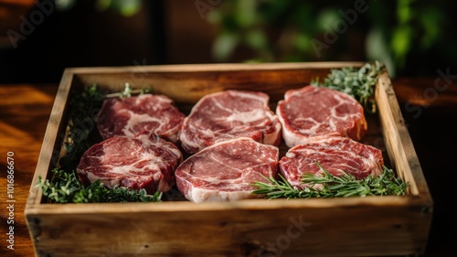 Raw pork chops in a wooden box with rosemary and thyme