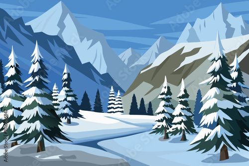 Landscape of snow covered mountains peaks and forest trees. Vector flat illustration