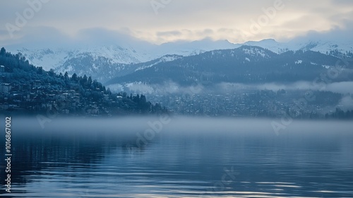 Misty morning over a serene lake with snow-capped mountains at dawn