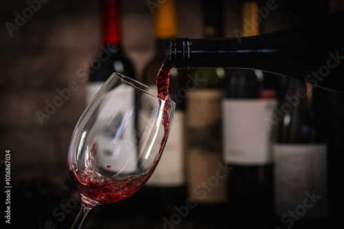 Vászonkép A dark, elegant still life of red wine being poured into a glass with wine bottles and fresh grapes in the background
