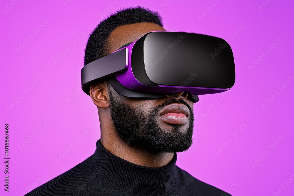 man wearing a virtual reality headset. She is looking at the camera. The background is blurry. Virtual reality gamer with futuristic VR headset experiencing future technology concept man wearing a virtual reality headset. She is looking at the camera. The background is blurry. Virtual reality gamer with futuristic VR headset experiencing future technology concept