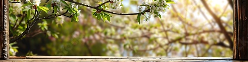 Wooden window, spring view, blooming tree branches, green leaves, white flowers, blurred background, close-up shot.