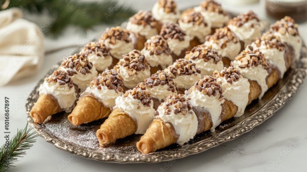 Gourmet cannoli with hazelnut cream filling, arranged on an elegant dessert platter generative ai Gourmet cannoli with hazelnut cream filling, arranged on an elegant dessert platter generative ai