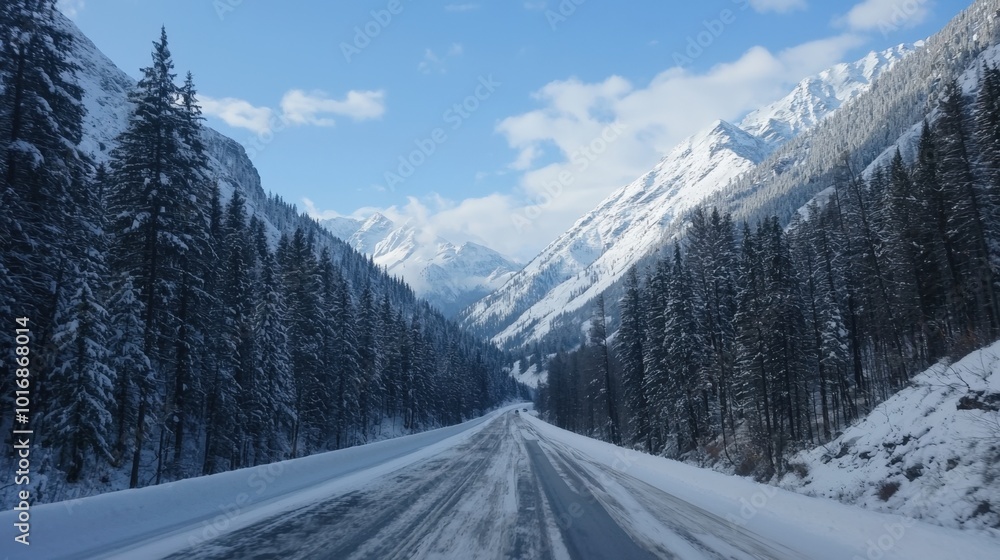 Winter wonderland: Driving through snow-covered mountains at dawn Winter wonderland: Driving through snow-covered mountains at dawn