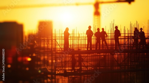 Silhouetted construction workers on a site against a sunset backdrop.