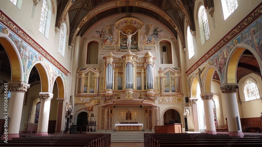 Majestic interior of a historical church showcasing ornate architecture and vibrant murals Majestic interior of a historical church showcasing ornate architecture and vibrant murals