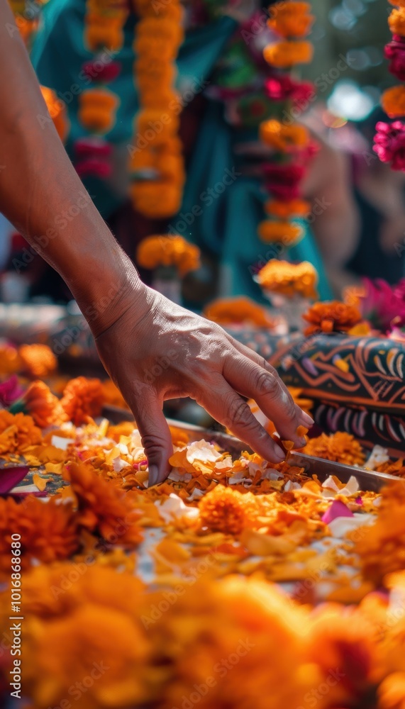 Hands Arranging Marigold Petals on a Beautifully Decorated Dia de los Muertos Altar Hands Arranging Marigold Petals on a Beautifully Decorated Dia de los Muertos Altar