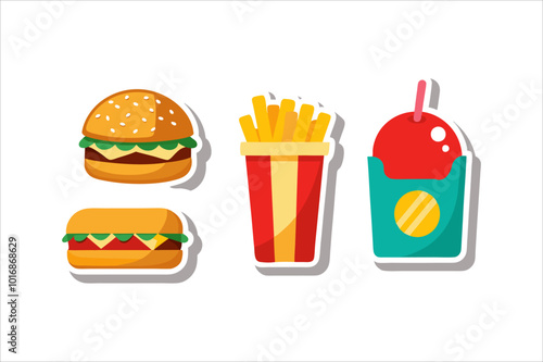 "Realistic Fast Food Vector Stickers Set | High-Quality Isolated Design on White Background"