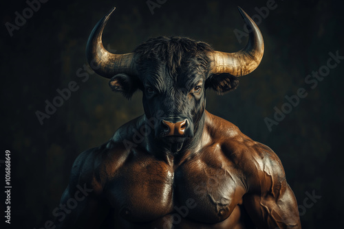 Powerful minotaur with head of bull and human body stands on the dark background.