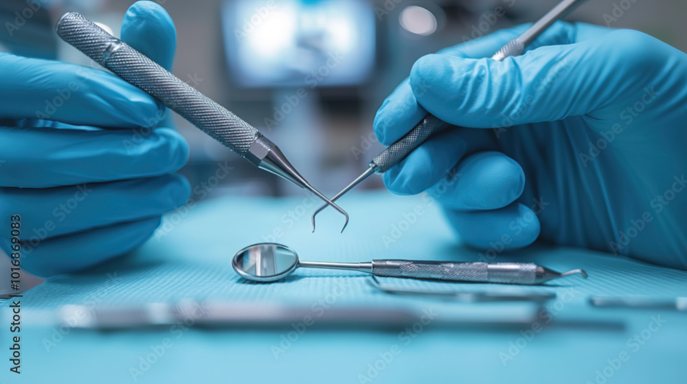 Dental tools on an operating table, with hands in blue gloves holding one of the instruments, set against a clean and professional background Dental tools on an operating table, with hands in blue gloves holding one of the instruments, set against a clean and professional background