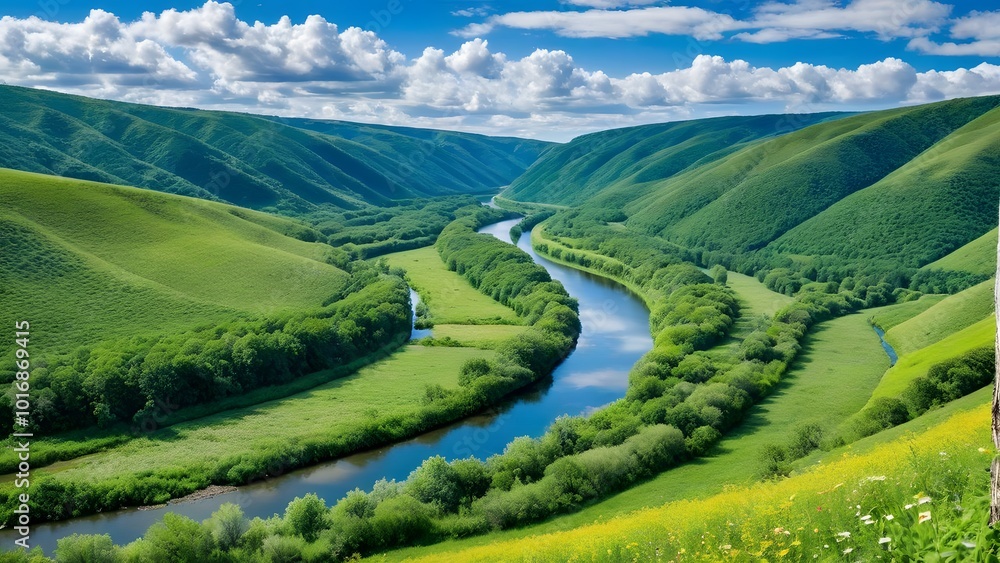 A serene scene of a river winding through green hills, with a clear blue sky and vibrant wildflowers in the foreground, creating a peaceful and picturesque setting A serene scene of a river winding through green hills, with a clear blue sky and vibrant wildflowers in the foreground, creating a peaceful and picturesque setting