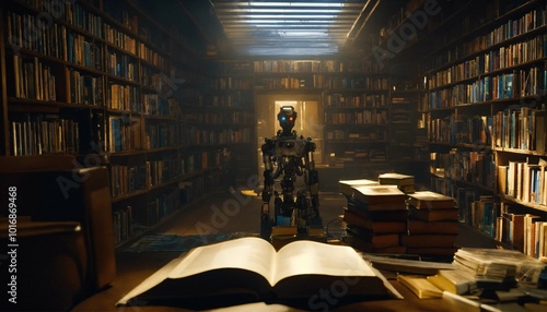 Robot in the library, AI generated