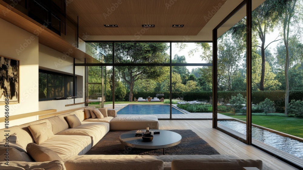Modern living room overlooking the garden and swimming pool Modern living room overlooking the garden and swimming pool