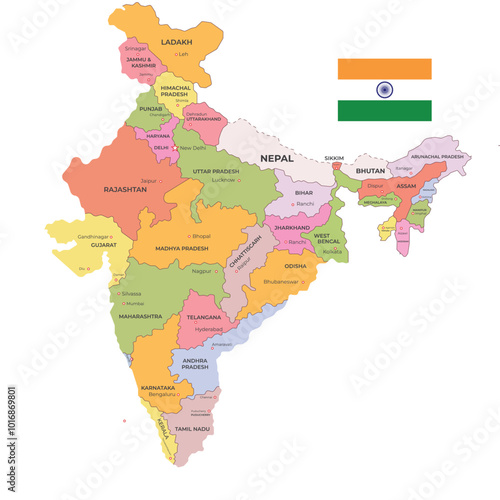 India political map .India’s map showcasing each state in unique colors for clear distinction. India’s national rectangular flag is placed above the map for added identity. India national map 