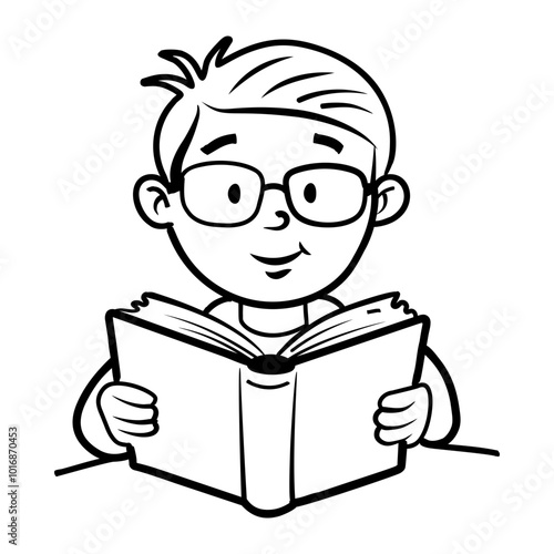 A child reading a night story book, doodle style icon