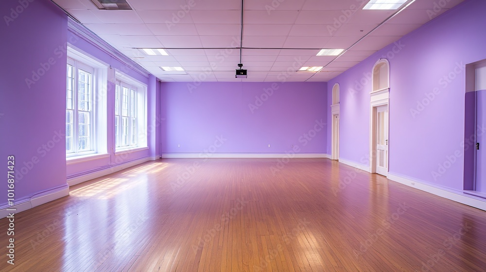 Empty purple room with wooden floor, large windows and projector, studio, dance, yoga, office Empty purple room with wooden floor, large windows and projector, studio, dance, yoga, office