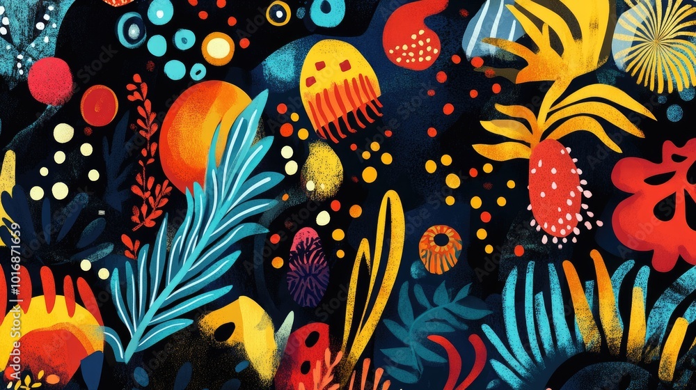 Whimsical abstract design with vivid colors and surreal, eclectic forms, perfect for a playful, imaginative backdrop. Whimsical abstract design with vivid colors and surreal, eclectic forms, perfect for a playful, imaginative backdrop.