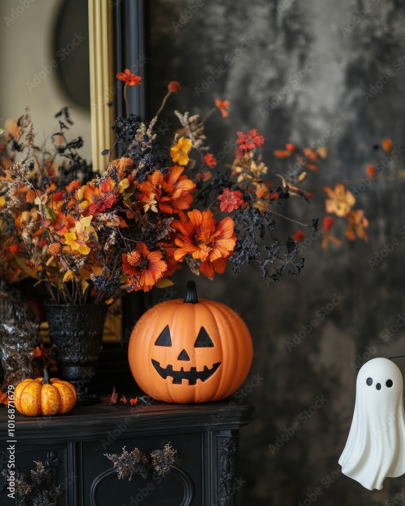 Obraz premium Halloween still life with pumpkin ghost and flowers in home interior