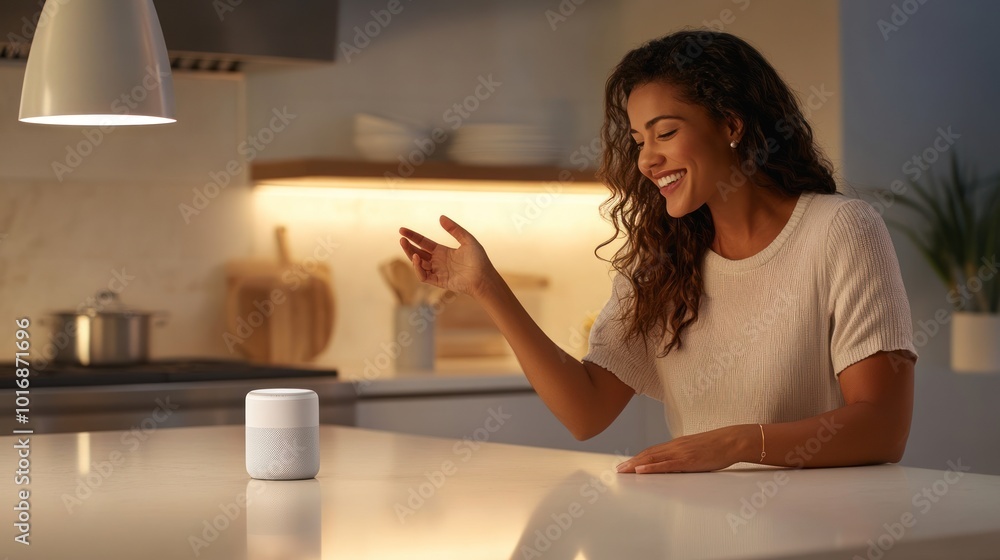 A woman interacts joyfully with a smart speaker in a modern kitchen setting. A woman interacts joyfully with a smart speaker in a modern kitchen setting.