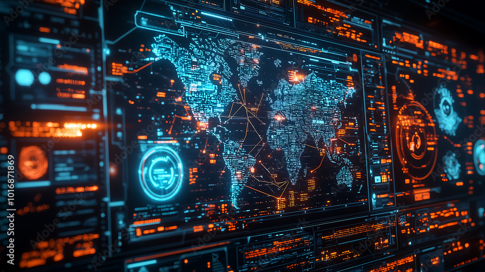 Global cyber defense interface with AI driven holographic data visualization Global cyber defense interface with AI driven holographic data visualization