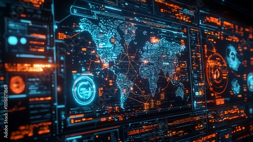 Global cyber defense interface with AI driven holographic data visualization