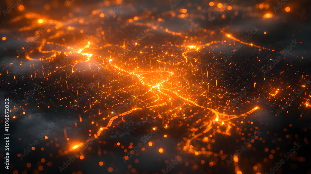 A digital map of the city showcasing glowing lines that connect various landmarks, streets, and points of interest. The map features a sleek and modern design, with a dark background that enhances the A digital map of the city showcasing glowing lines that connect various landmarks, streets, and points of interest. The map features a sleek and modern design, with a dark background that enhances the