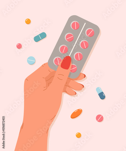 Woman hand holding blister pack of pills, drugs or vitamins. Pharmaceutical, drug store concept. Vector flat illustration in cartoon style for medical poster, banner for healthcare