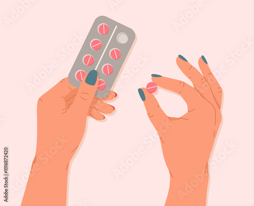 Woman hands holding blister pack of pills, drugs or vitamins. Pill capsule in fingers. Healthcare concept of taking pills. Treatment and fight against viruses. Vector flat illustration, cartoon style