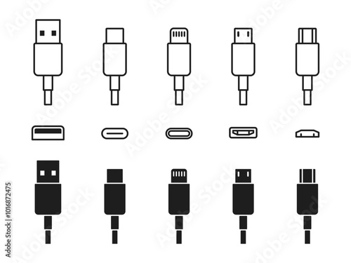 USB cable port icon set. USB type C, A, lightning and micro-usb mobile phone charger vector illustration collection. Plug adapter symbol. Electronic device connector. Smartphone charger sign.
