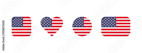 USA flag icon. United States of America flag vector sign. US national symbol. United States emblem. Washington or New York banner. American national flag in four different shapes.