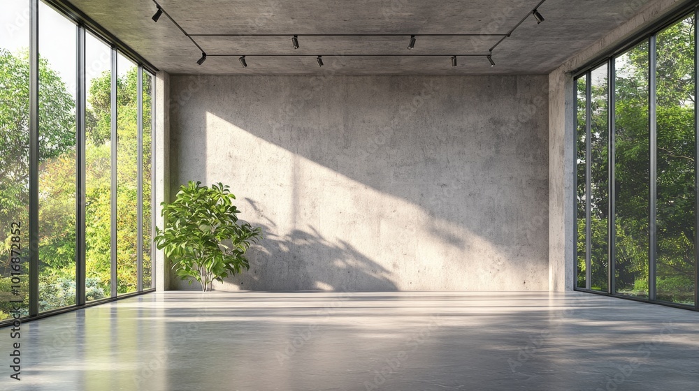 Fototapeta premium Modern loft style empty space interior 3d render,There are polished concrete floor ,wall and ceiling,There are large window look out to see the nature view,sunlight shining into the room