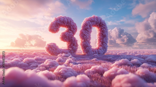 Soft, pink clouds form the number 30 in a serene landscape at sunset, creating a whimsical and dreamlike atmosphere photo