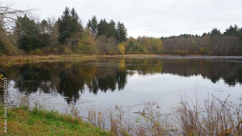 Calm autumn afternoon by the tranquil pond surrounded by vibrant trees in early fall Calm autumn afternoon by the tranquil pond surrounded by vibrant trees in early fall