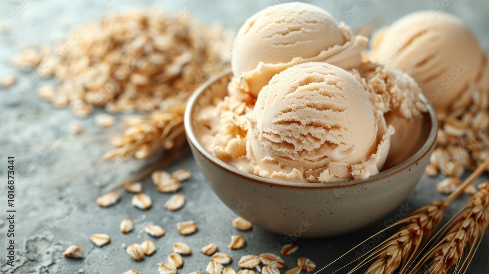 Fototapeta premium Enjoy a Mouthwatering Bowl of Delicious Oatmeal Ice Cream Garnished with Oats and Flavorful Toppings