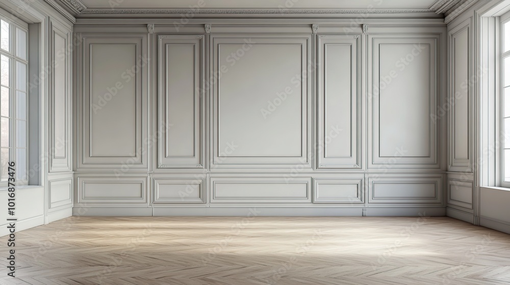 Empty room with white wainscoting and hardwood floors, perfect for interior design and home decor projects Empty room with white wainscoting and hardwood floors, perfect for interior design and home decor projects